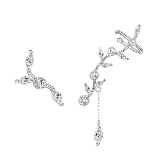 Cubic Zirconia Leaf Ear Climber and Stud Earrings